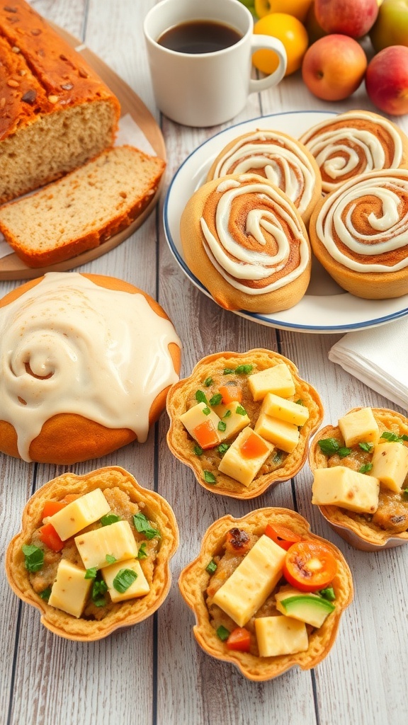 A variety of breakfast breads including banana bread, cinnamon rolls, and savory muffins on a wooden table with coffee and fruit.